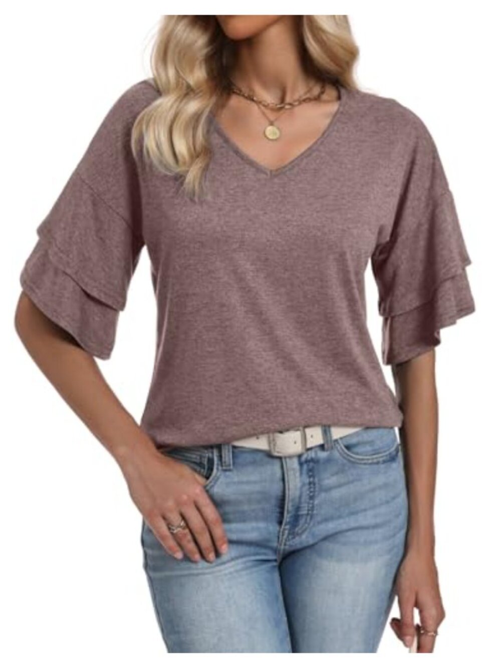 Women's V Neck 3/4 Bell Sleeve Blouse Dressy Casual Top